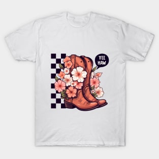 YEEHAW VINTAGE CHECKERBOARD FLORAL COWBOY/COWGIRL BOOTS T-Shirt